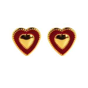Retro red enamel heart stud earrings with golden beaded border and double layer design