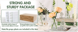 Detail showing secure foam and cardboard packaging for transparent embossed glass vases