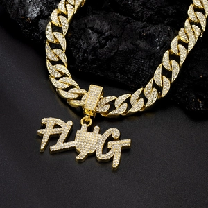 Gold-plated hip hop Cuban chain necklace with iced-out PLUG letter pendant and rhinestones
