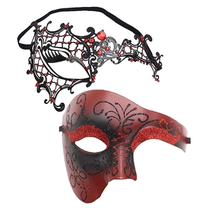 Elegante coppia di maschere in pizzo nero e glitter rosso-nero per mascherata