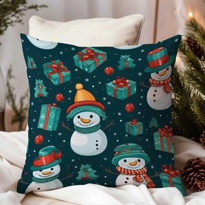 Cozy Christmas pillowcase with snowman pattern displayed on a white bed with festive decor