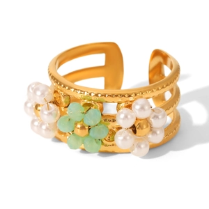 Bohemian gold stainless steel open ring with pearl and green floral accents