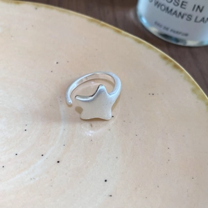 Detailed view of matte silver star ring on a ceramic plate with lifestyle styling