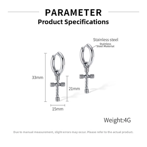 Detail of stainless steel cross drop earrings with dimensions and textured finish