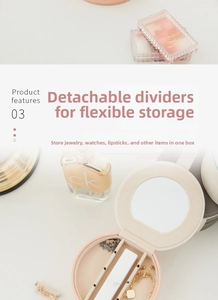 Detail of pink semi-circular jewelry box with mirror and removable partitions for rings