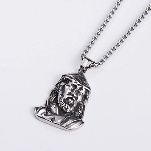 Polished silver stainless steel Jesus portrait pendant with box chain for men