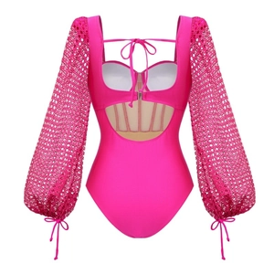 Maillot de bain une pièce fuchsia à manches longues en dentelle et détail corset en résille