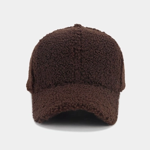 Detailed close-up showing texture of thick coffee brown lamb wool baseball cap