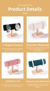Detail view of T-bar jewelry stands with velvet rolls and solid wood base for watches