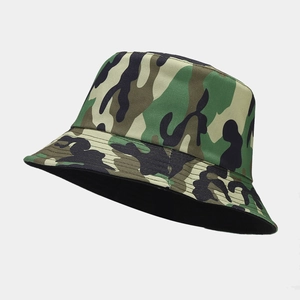 Detailed side view of a camouflage bucket hat with classic jungle forest pattern
