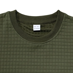 Close-up of army green ribbed crew neck and textured grid fabric on men's tank top