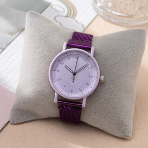 Elegant purple women's watch with mesh magnetic strap and heart-detail numeric dial