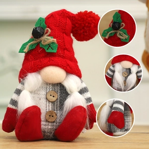 Christmas plush gnome with knitted pointed hat and stripe details in home setting