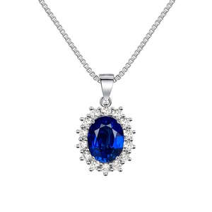 Elegant S925 silver necklace with oval blue sapphire pendant and halo of zircons