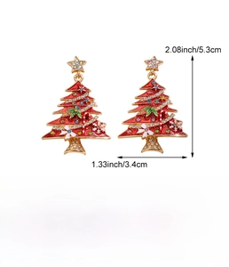 Detailed view of red enamel Christmas tree earrings with colorful crystal rhinestones