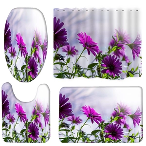 Bathroom set with purple daisy flowers shower curtain and matching non-slip bath mats