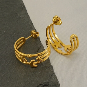 Gold hollow star and moon stainless steel hoop earrings for women in a chic celestial style