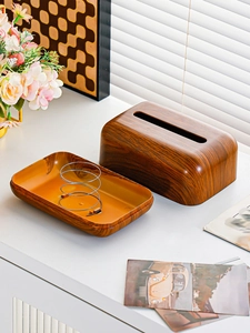 Detail of walnut wood texture tissue box with internal automatic lifting spring mechanism