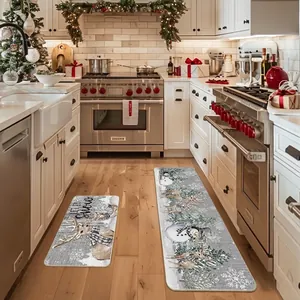 Christmas kitchen mats set with snowmen and reindeer on absorbent non-slip fabric