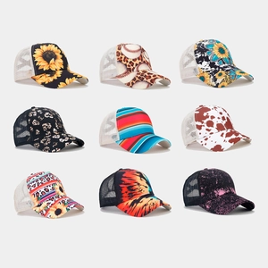 Women Trucker Hat Breathable Polyester Mesh Sunflower Leopard Printed Baseball Cap Sun Protection Adjustable Outdoor Hat