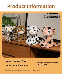 Detail of four leopard plushies in various prints with PP cotton filling specs