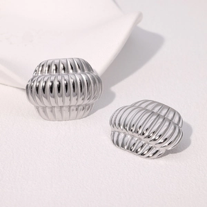 Detailed view of silver stainless steel earrings with textured lantern ribbed design