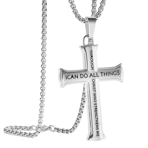 Engraved silver cross pendant necklace with I Can Do All Things religious scripture