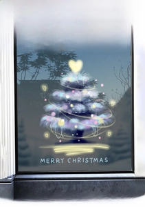 Détail d'un autocollant de fenêtre sapin de Noël bleu avec texte Joyeux Noël