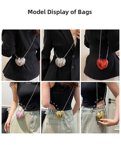 Multiple views of heart-shaped mini acrylic bags with chains in various colors