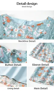 Close-up of floral top featuring lace-trimmed neckline and ruffle sleeve details