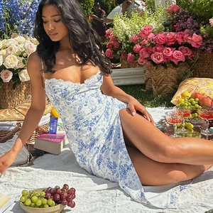 Detail view of floral slit dress featuring delicate lace bodice and blue flower patterns