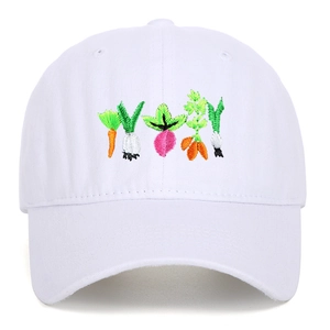 Front detail of white cotton baseball cap with colorful vegetable embroidery and stitching