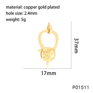 Technical drawing of gold-plated copper sun embossed clasp with 37mm height dimensions