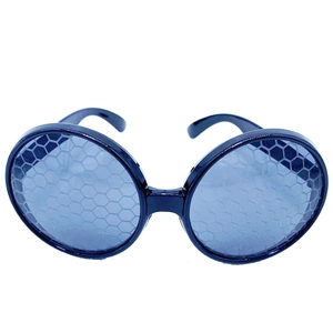 Detail of round black frame glasses with blue honeycomb textured lenses for party fun