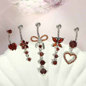 Detailed set of 5 stainless steel navel rings featuring red zircon heart and butterfly designs