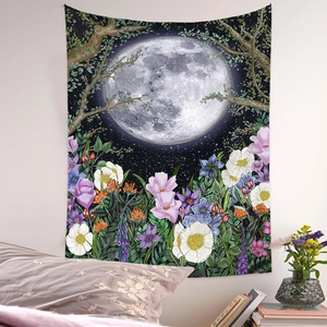 Detail view of moonlight forest tapestry with floral patterns and celestial night sky