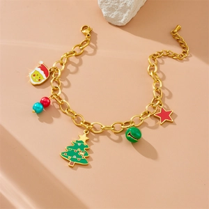 Gold stainless steel Christmas charm bracelet with Santa Claus and tree pendants