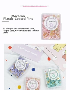 Gros plan de 80 punaises colorées revêtues de plastique dans leur boîte transparente
