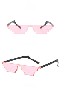 Front and side view of pixelated pink lens sunglasses with black frames and thugh life style