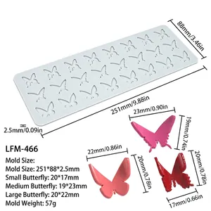 Detailed size chart of 24-cavity butterfly lace silicone mold with precise dimensions