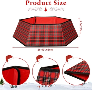 Size details of the red and black buffalo plaid Christmas tree collar with dimensions