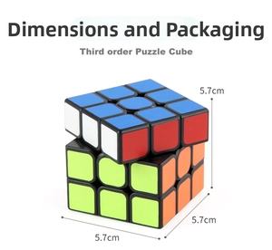 Detailed view of 5.7cm 3x3x3 puzzle cube dimensions with colorful standard stickers