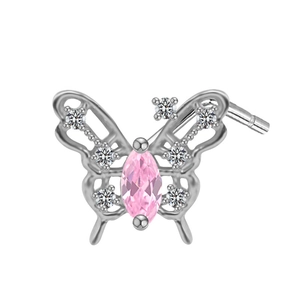Detailed view of a silver butterfly nose stud with pink gemstone and clear zircon stones