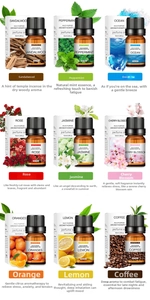 Detailed view of nine 10ml essential oils set including lavender, rose, and citrus scents