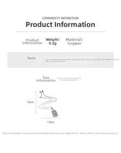 Size chart showing 53cm copper necklace chain length and 1.8cm floral pendant width