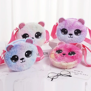 Cute tie-dye plush panda crossbody bags for kids with colorful faux fur and big eyes