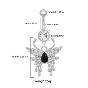 Vue détaillée du piercing de nombril en acier avec papillon et dimensions du produit