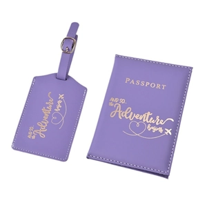 Purple PU leather travel set with gold foil passport cover and luggage tag adventure set