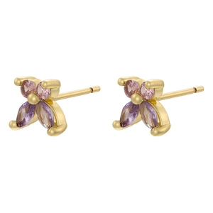 Delicate gold butterfly stud earrings with purple and pink crystal stones on white background