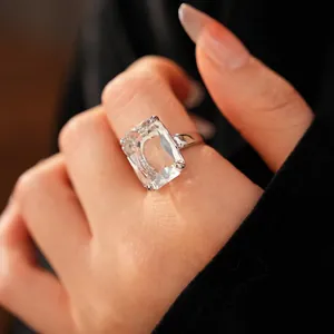 Luxury square zircon 14k gold plated open ring with large emerald cut crystal